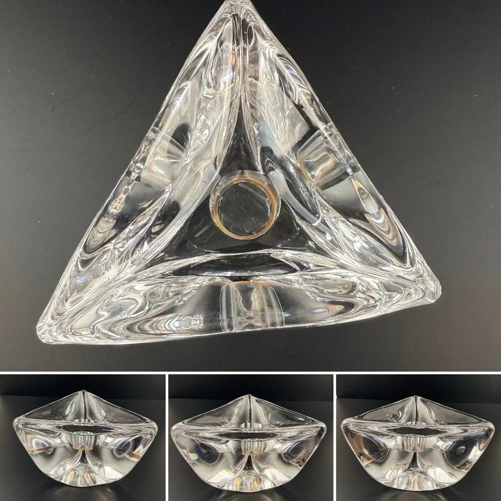 Set of 3 VTG Daum France Crystal Triangle‎ Candle Holders Signed MCM Heavy Glass